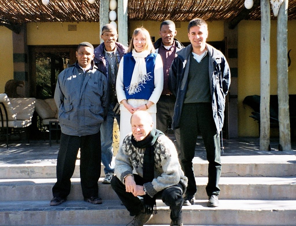 From left: Andries Steenkamp, Petrus Vaalbooi, Doris Schroeder, Collin Louw, Miltos Ladikas and Roger Chennells at the front, Kalahari 2004